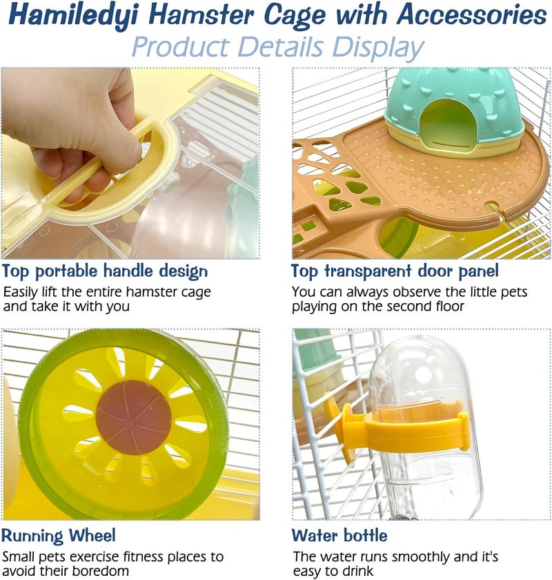 Hamiledyi قفص هامستر محمول بطبقتين موطن هامستر قزم 10.90"L*8.07"W*9.84"H قفص سفر للحيوانات الصغيرة مع عجلة تمرين قفص هامستر لقوارض الهامستر والفئران والجرذان والحيوانات الأليفة الصغيرة - Image 3